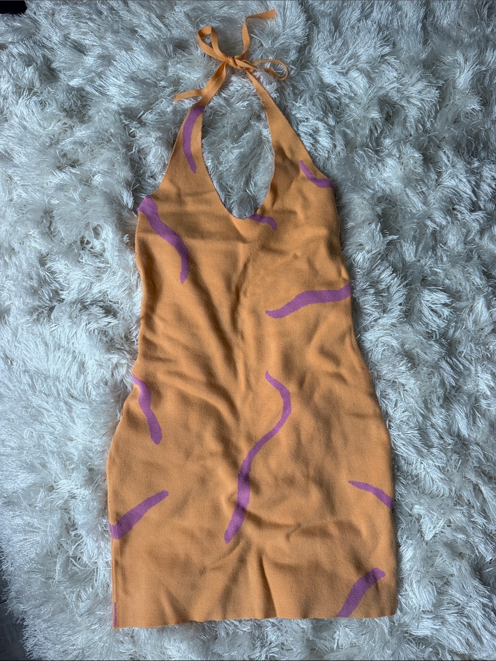 White Fox Boutique Orange Halter Mini Dress with Purple Accents